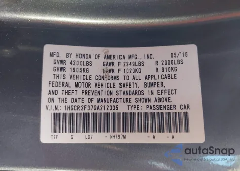 2016 Honda Accord Lx z USA, uszkodzony, nr VIN 1HGCR2F37GA212335